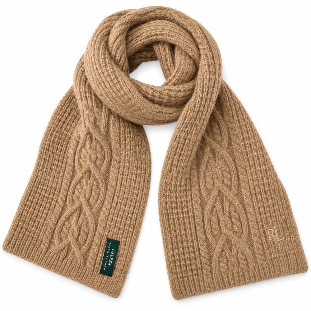 Lauren Ralph Lauren Scarf Camel Cable Knit Lambswool Angora LRL Logo 62x7